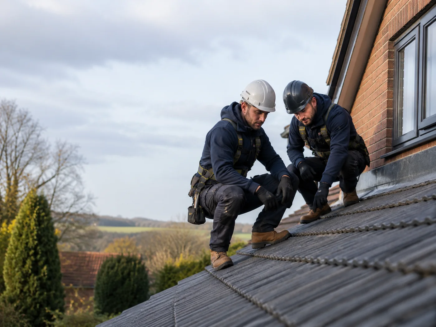 Two roofers inspecting a roof in Leicester.
