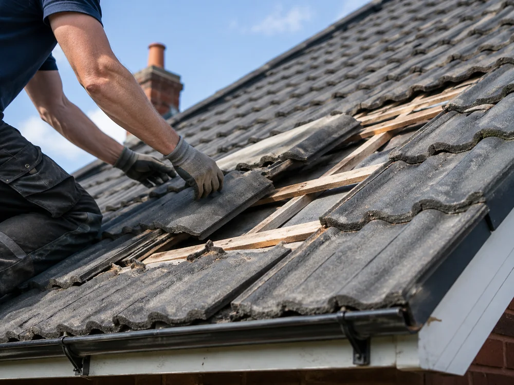 Close-up of tiled roof repair work for homes in Leicester and Nottingham